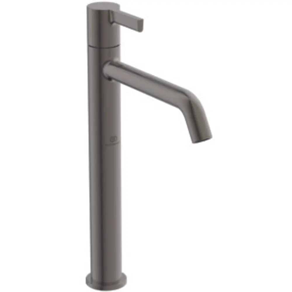 Hochwertiges Standventil von Ideal Standard in Magnetic Grey, mit klaren Linien und einer modernen Wasserführung. Geeignet für verschiedene Waschbecken.